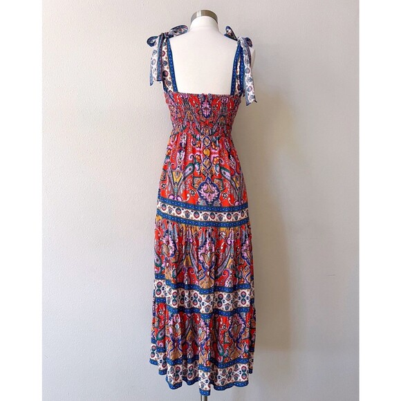 Shoshanna Basel Midi Dress Womens 4 Tiered Floral Shoulder Ties CottageCore Boho - Picture 5 of 7